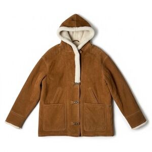 Gallery Genuine Leather Softly Lined Hooded Womens XL Brown Toggle Closure Coat